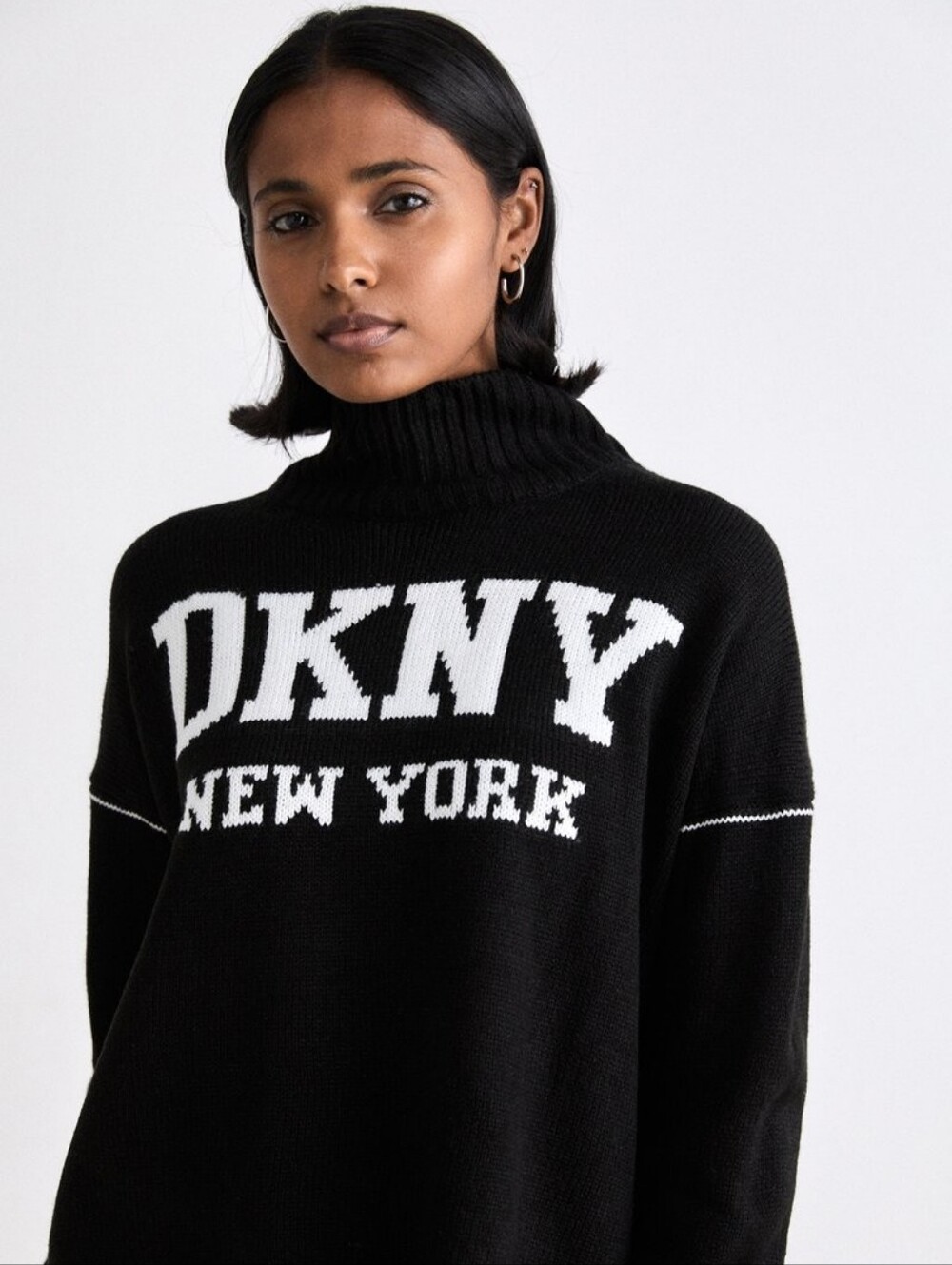 DKNY New York Varsity Sweater Large Black Mock Neck Collegiate Preppy Oversized